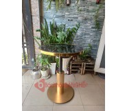 Bàn tròn decor mica viền mạ vàng chân sơn màu đồng BS49