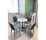 Bộ bàn ghế cafe 4 ghế với bàn tròn mặt trắng, ghế nệm màu xám thiết kế hiện đại