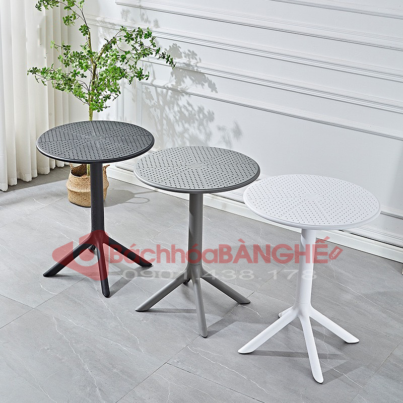 Bàn tròn cafe decor mặt nhựa chân thép BST02