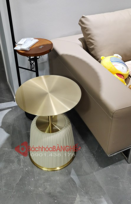 Bàn decor, bàn tab sofa khung sắt bọc da viền inox mạ vàng BM17