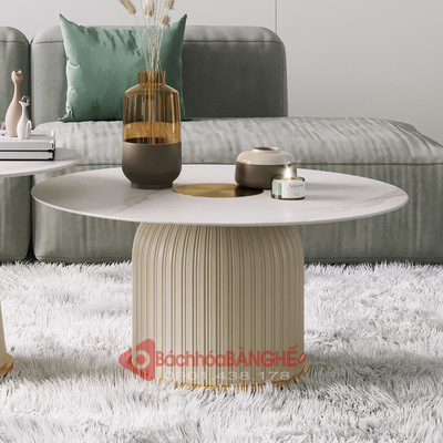 Bàn trà, bàn sofa mặt đá khung sắt bọc da viền inox mạ vàng BM16