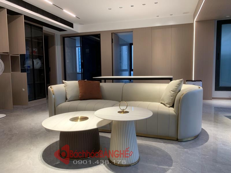 Bàn trà, bàn sofa mặt đá khung sắt bọc da viền inox mạ vàng BM15