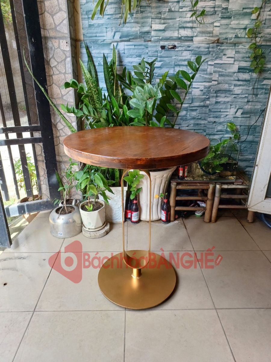 Bàn tròn decor mặt gỗ chân màu đồng BS51