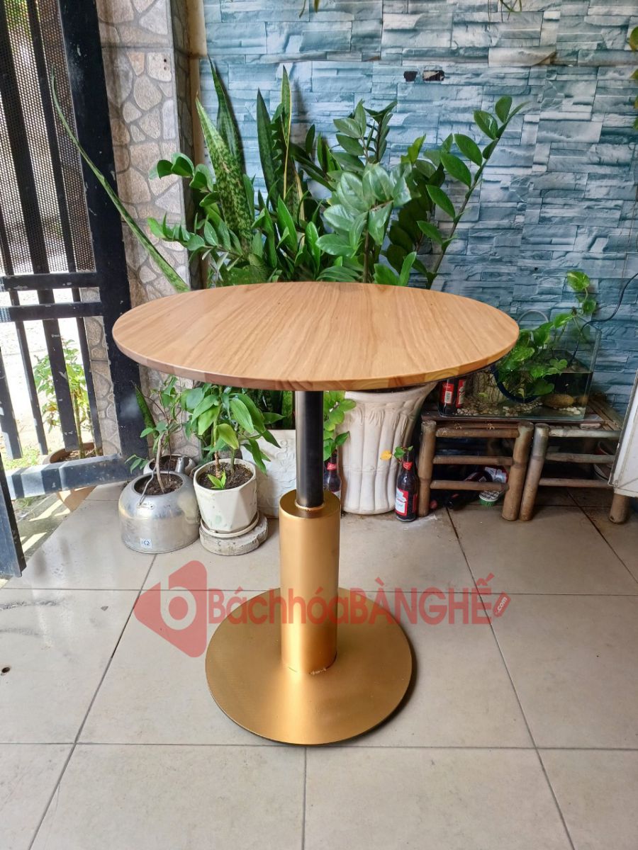 Bàn tròn decor mặt gỗ chân màu đồng BS70