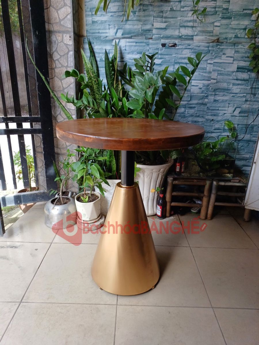 Bàn tròn cafe decor mặt gỗ chân nón vàng đồng BS51