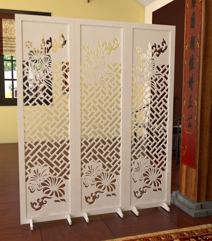 Bình phong phòng thờ 3 cánh màu trắng