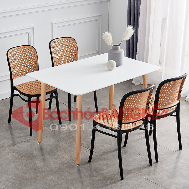 Bộ bàn ăn bàn 1m2 màu trắng ghế nhựa giả mây 237