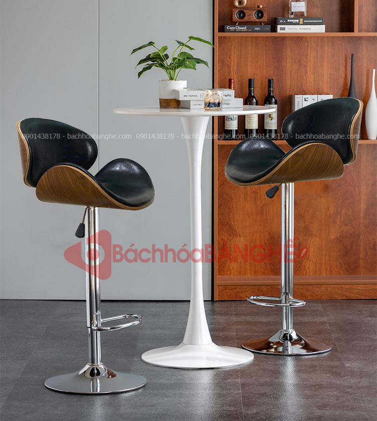 Ghế quầy bar nâng hạ lưng gỗ nệm da GBH02
