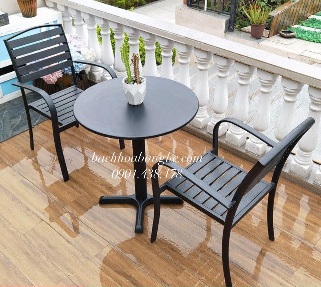 Bộ bàn ghế cafe sân vườn ngoài trời nhôm đúc gỗ nhựa BAS38