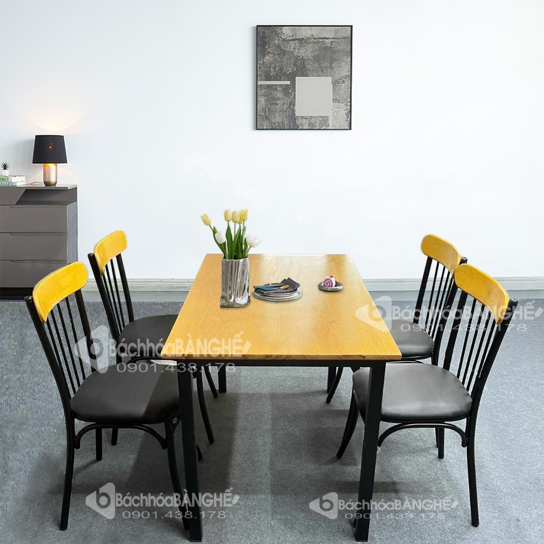 Bộ bàn ghế quán ăn nhà hàng căn tin mặt gỗ chân sắt 201