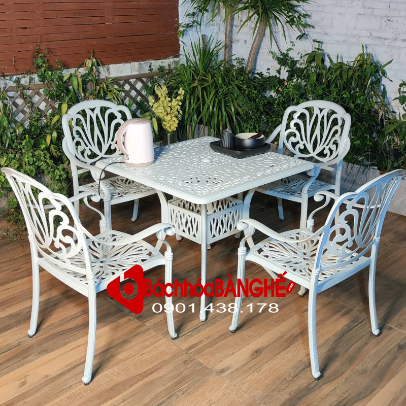 Bộ bàn vuông cafe sân vườn ngoài trời nhôm đúc màu trắng 190