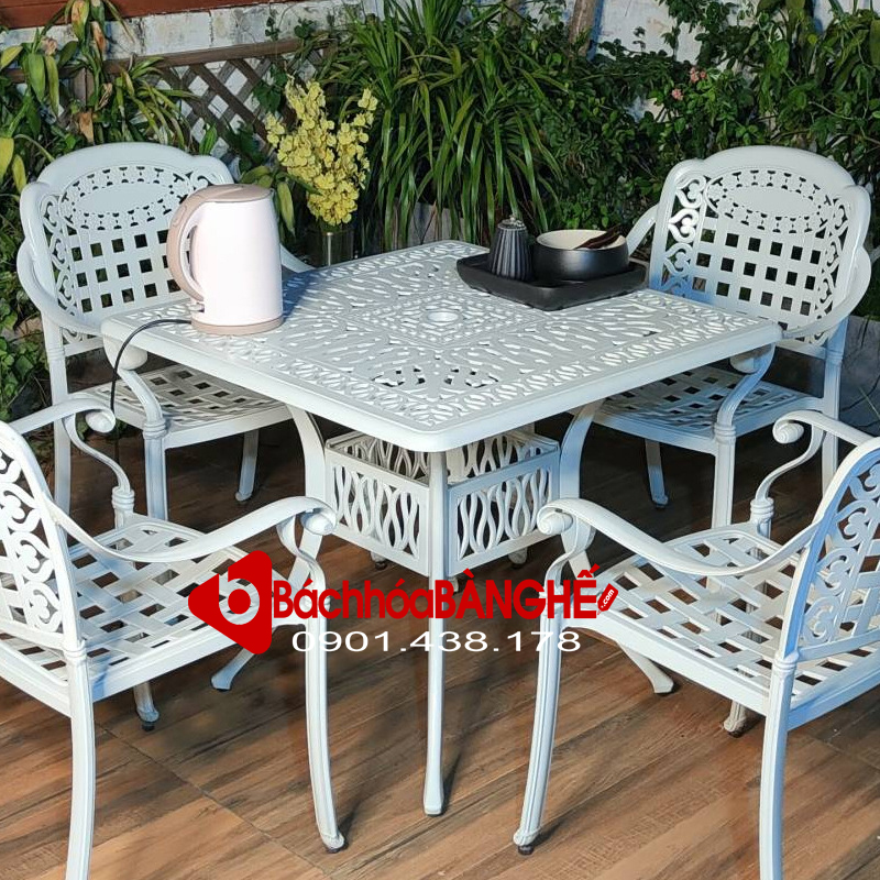 Bộ bàn vuông cafe sân vườn ngoài trời nhôm đúc màu trắng 191